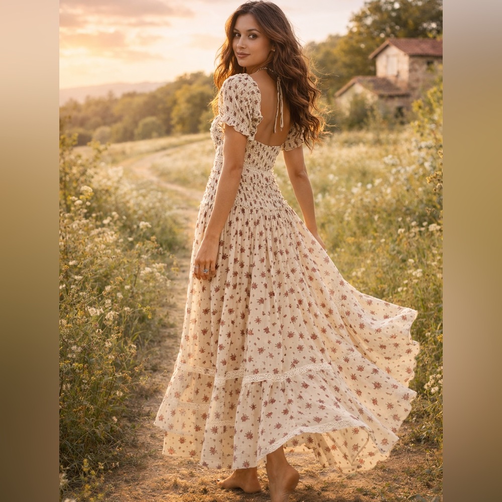 NWOT Free People  Bali Juniper Midi Dress floral smocked bodice romantic SZ 12
